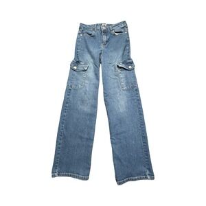 DKNY Cargo Jeans Girls 10 Blue Wide Leg Denim Utility Pockets Stretch 4073
